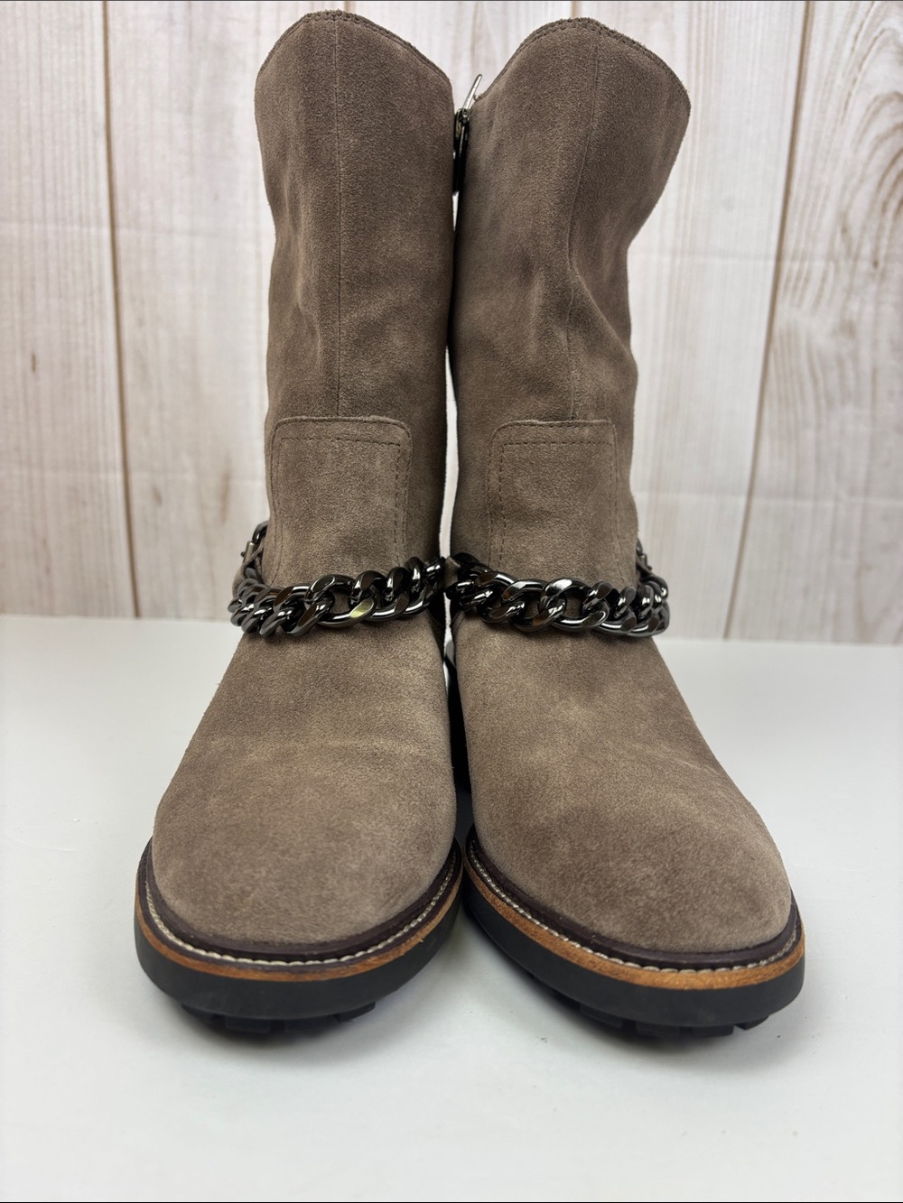 Vince Camuto Keshilla Suede Leather Chain Moto Chunky Boots Taupe Size 8.5 - Picture 5 of 14